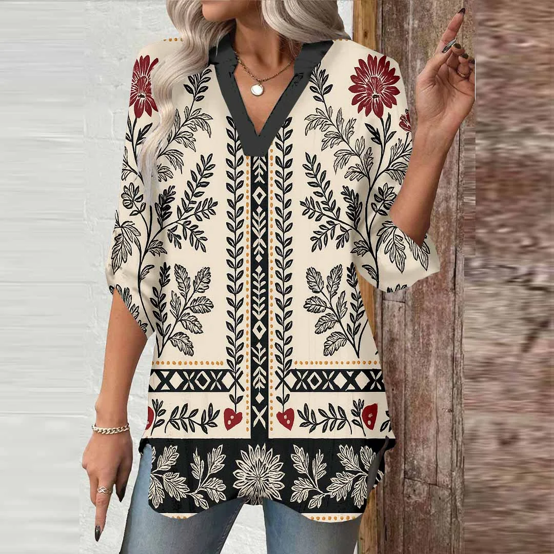 Women Tropical, Black, Red DZGA0100 3/4 Sleeve V-neck Printed Graphic Button Tops