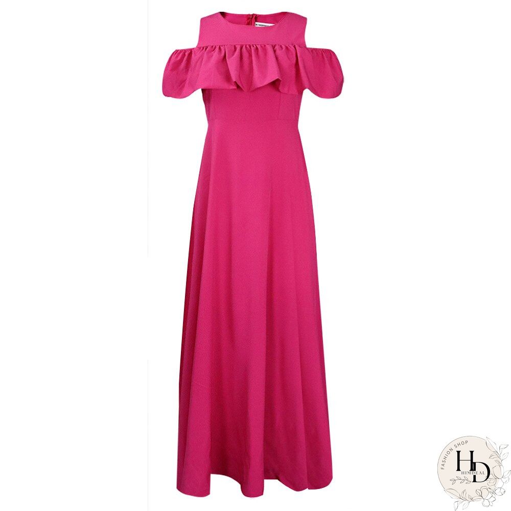 Summer New Round Neck Boho Dress Women Off-shoulder Temperament Short-sleeved Pleated Waist Long Dress