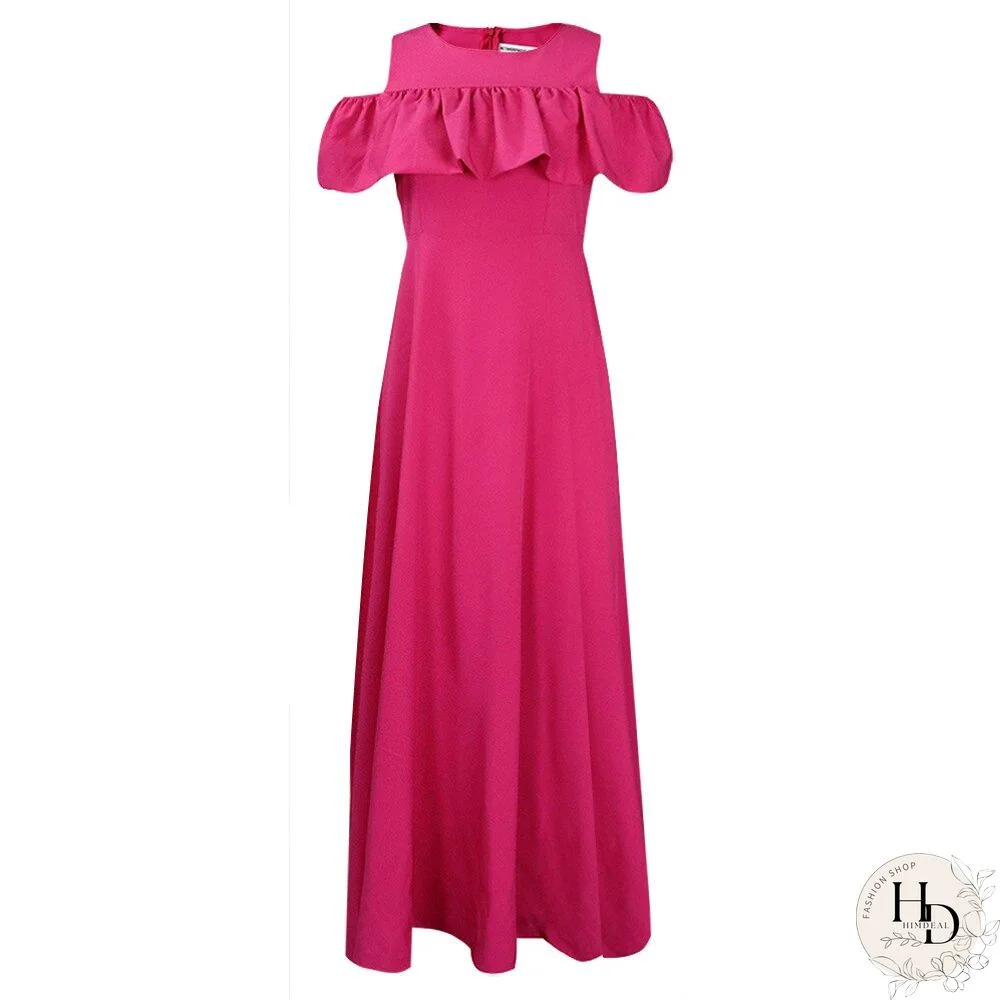 Summer New Round Neck Boho Dress Women Off-shoulder Temperament Short-sleeved Pleated Waist Long Dress