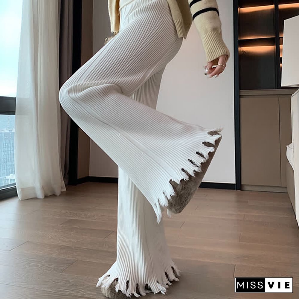 Chic Pure Color Knit Fringed Casual Pants