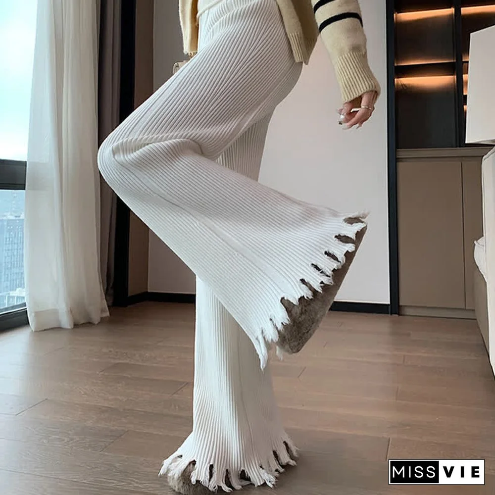 Chic Pure Color Knit Fringed Casual Pants