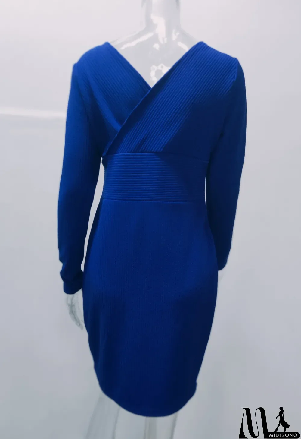 MidiSono - Winter Royal Knit V-Neck High Waist Wrap Midi Dress