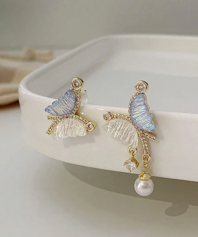 Stylish Colorblock Sterling Silver Alloy Zircon Asymmetric Crystal Pearl Butterfly Drop Earrings