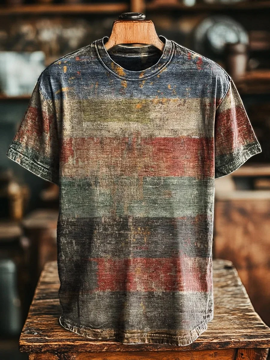 Eagerlys Unisex Retro Stripe Old Art Print T-shirt Eagerlys
