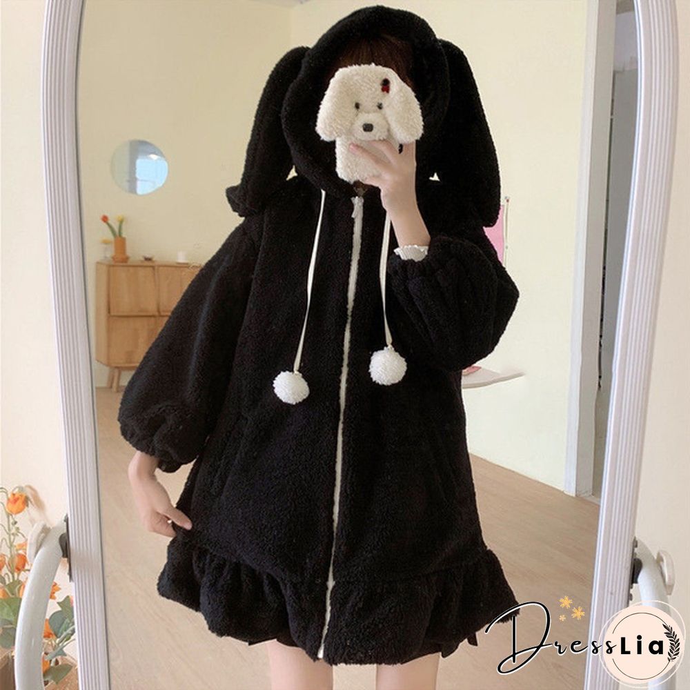 New Women Kawaii Zipper Hooded Coat Rabbit Ears Cute Sweet Girls Harajuku Style Warm Jacket