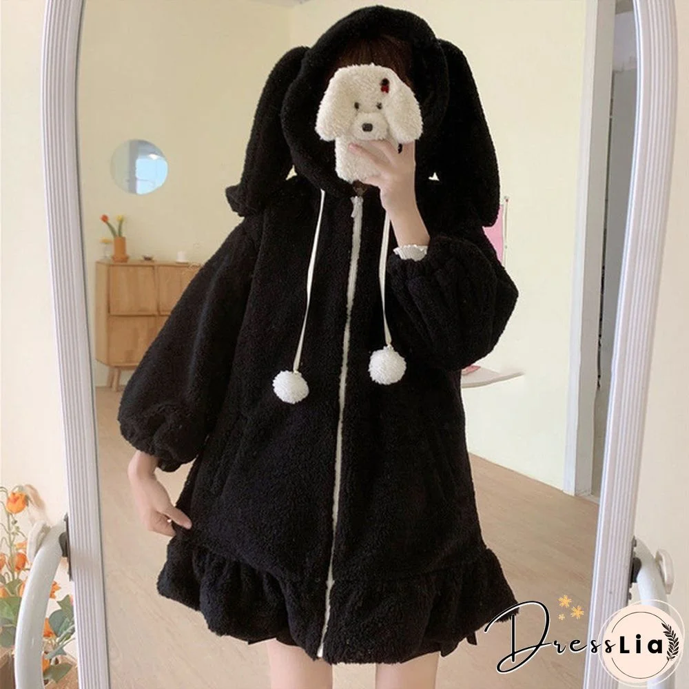 New Women Kawaii Zipper Hooded Coat Rabbit Ears Cute Sweet Girls Harajuku Style Warm Jacket