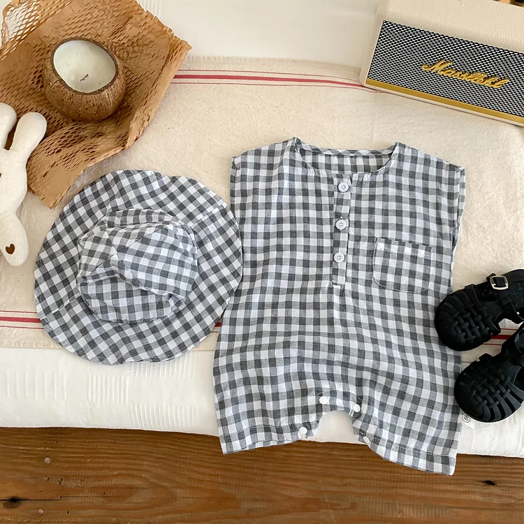 2pcs Baby Boy/Girl Plaid Sleeveless Tank Romper with Hat