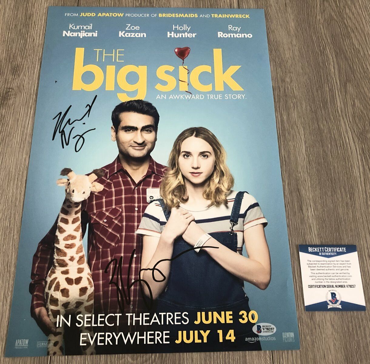 ZOE KAZAN & KUMAIL NANJIANI SIGNED THE BIG SICK 12x18 Photo Poster painting wEXACT PROOF BAS COA