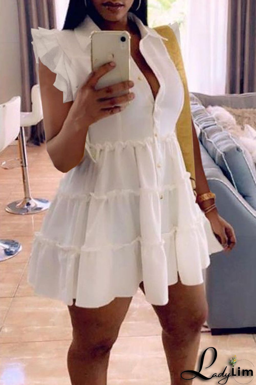 Black Casual Solid Split Joint Buckle Flounce Turndown Collar A Line Dresses