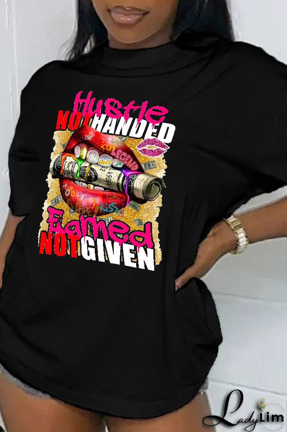 White Pink Casual Street Lips Printed Letter O Neck T-Shirts