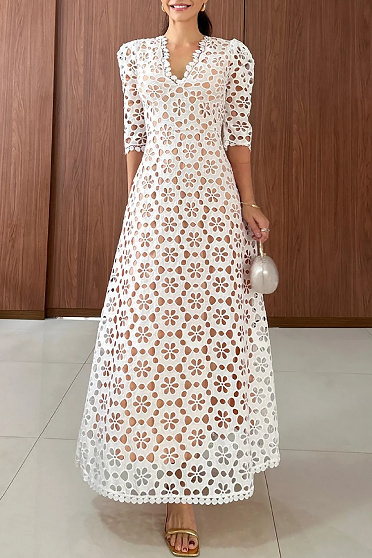 Hollow Out Floral Pattern V Neck Half Sleeve A-Line Maxi Dresses-White