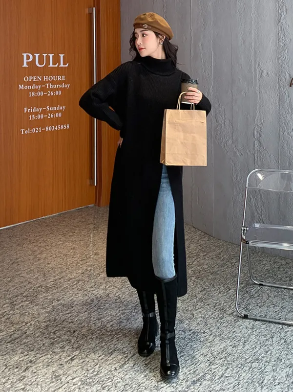 Korean-Style Long Sleeves Solid Color High-Neck Sweater Tops
