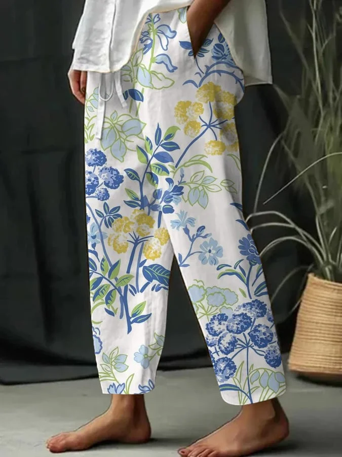 Women's Botanical Floral Design Print Lace-Up With Elastic Waist Loose Casual Pants