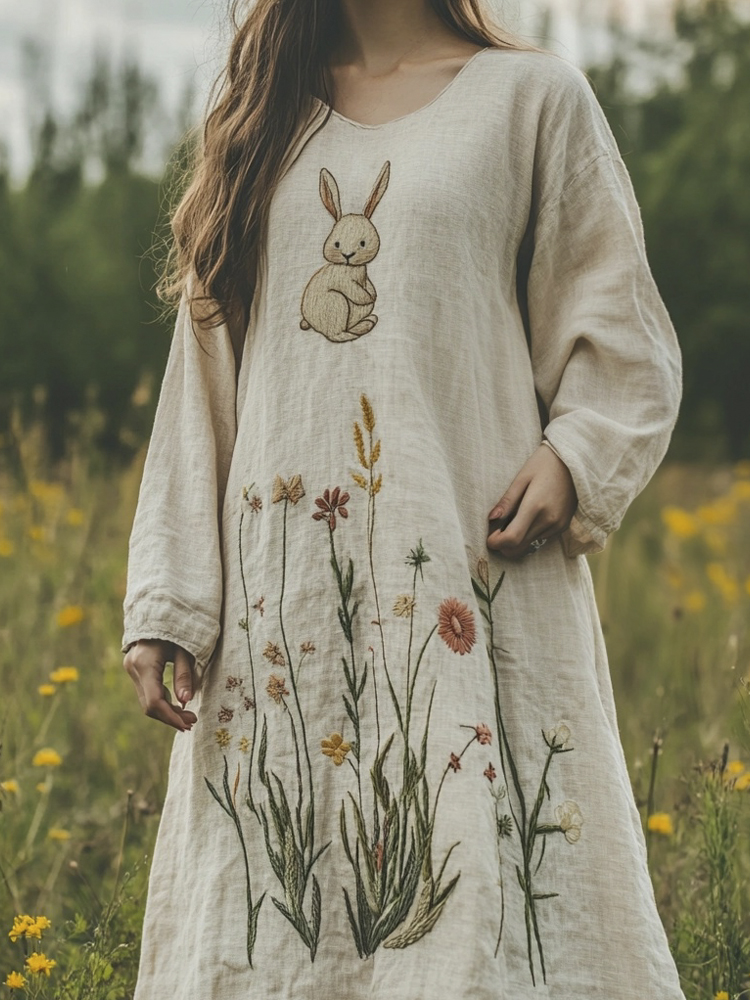 Comstylish Cute Bunny & Floral Embroidery Women's Linen Maxi Dress