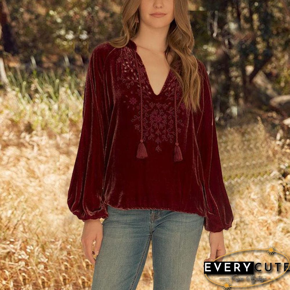 Low-Cut V Neck Red Velvet Top