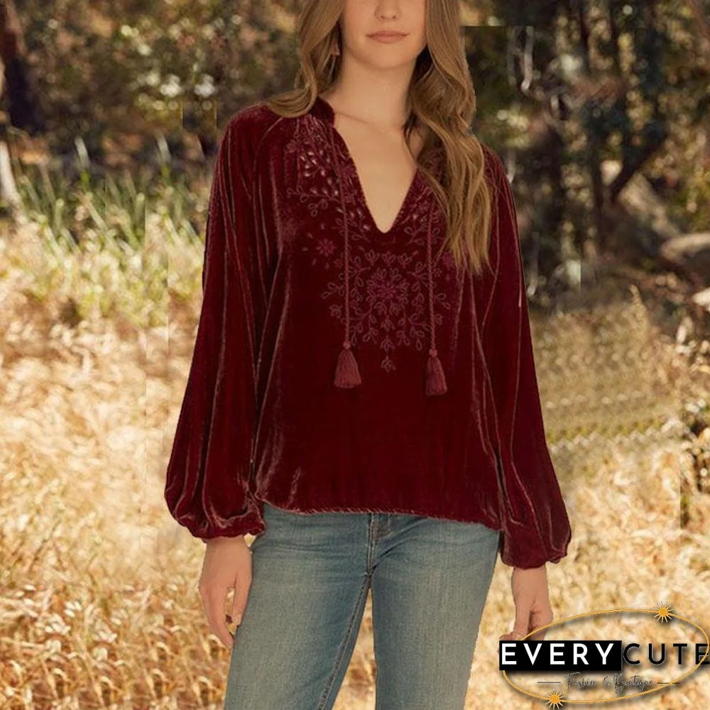 Low-Cut V Neck Red Velvet Top