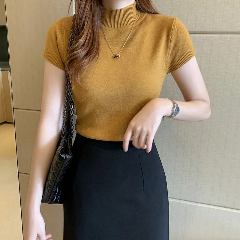 Casual Women Clothing Korean Knitted Women Top Blusas Mujer De Moda Spring Summer New Solid Slim Turtleneck Blouse Blusas 8622