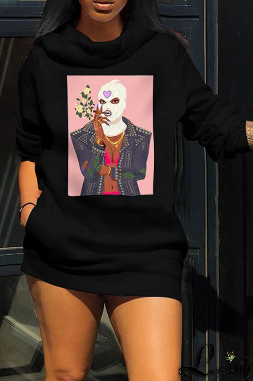 Burgundy Fashion Print Patchwork Hooded Collar Plus Size Dresses