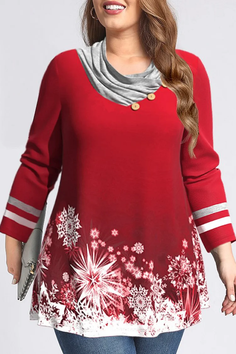 Flycurvy Plus Size Casual Red Striped Snowflake Print Cowl Neck Blouse  Flycurvy [product_label]