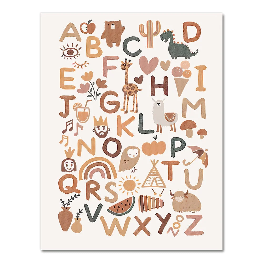Boho Nursery ABC Alphabet Poster Wall Art Canvas Painting Print Playroom Pictures New Baby Girls Gift Kids Room Home Decoration
