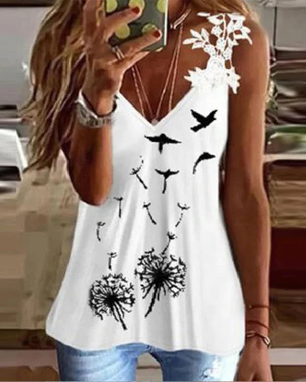 Lace Printed V-Neck Off-Shoulder Sexy Top