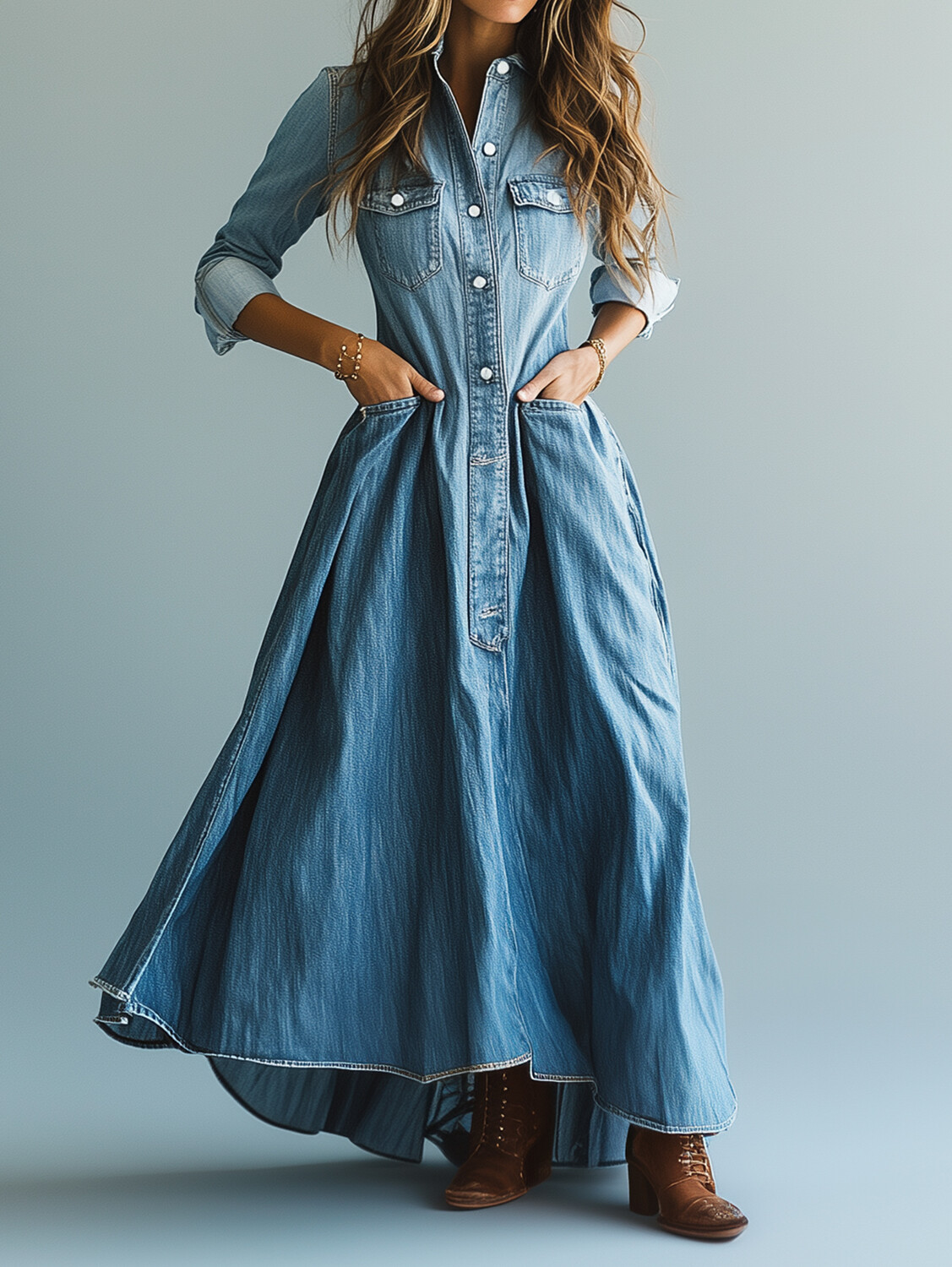 Ursime Button Up Long Sleeve Washed Denim Maxi Dress