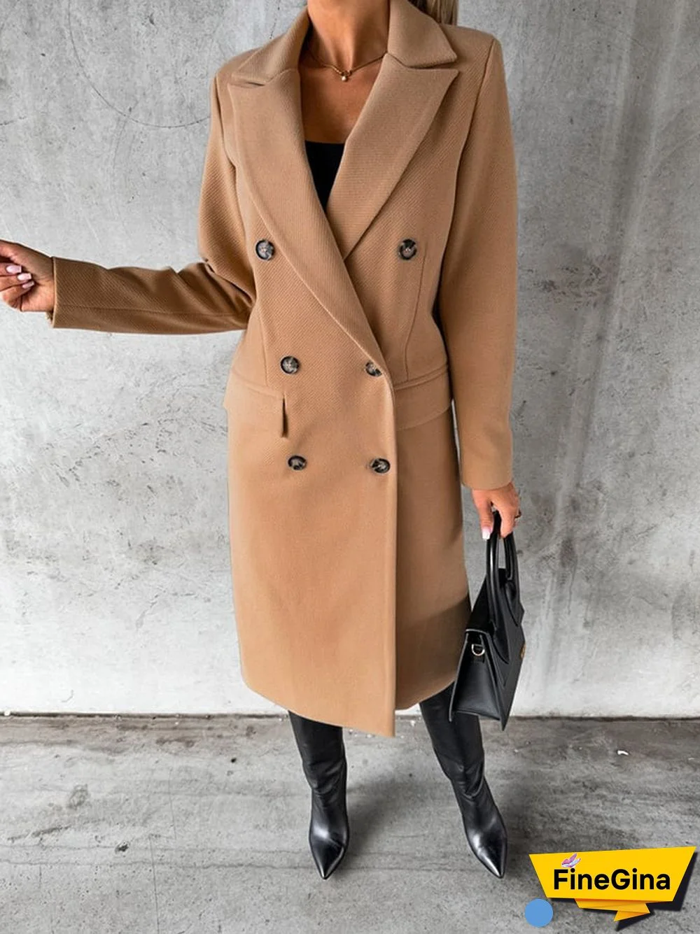Fashion Lapel Double-Breasted Solid Color Long-Sleeved Coat Coat