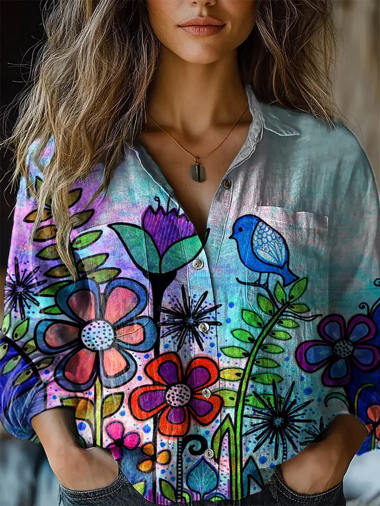 Women's Colorful Flower Graffiti Print Casual Long Sleeve Comfortable Cotton Shirt