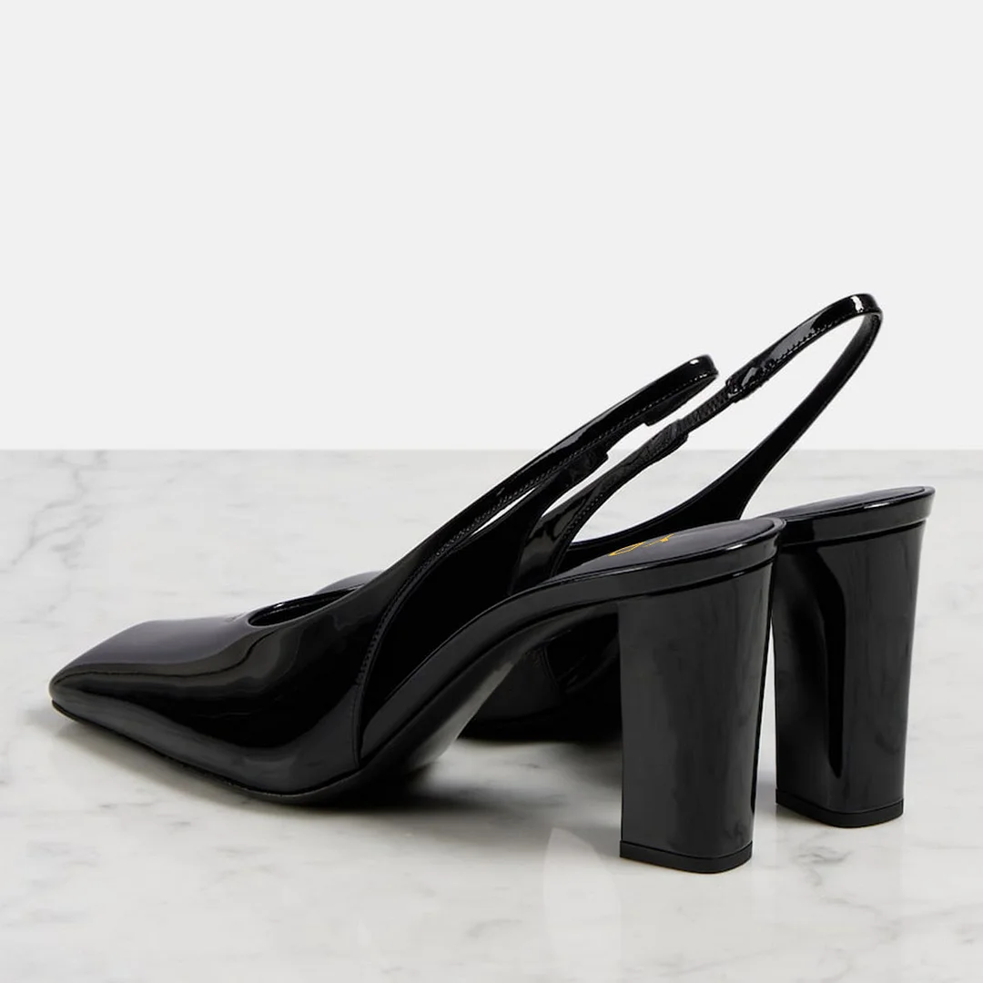 YDN Black Patent Leather Square Toe Chunky Heel Slingback Pumps
