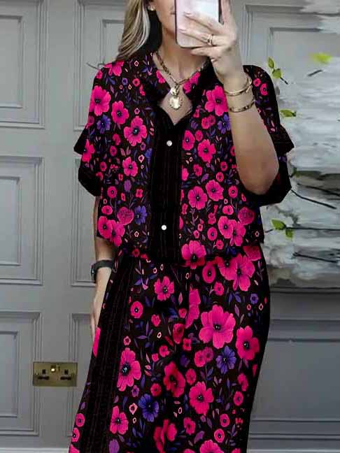 Women Floral, Red, Black DZDL1166 V-neck Short Sleeve Blouse and Pants Set