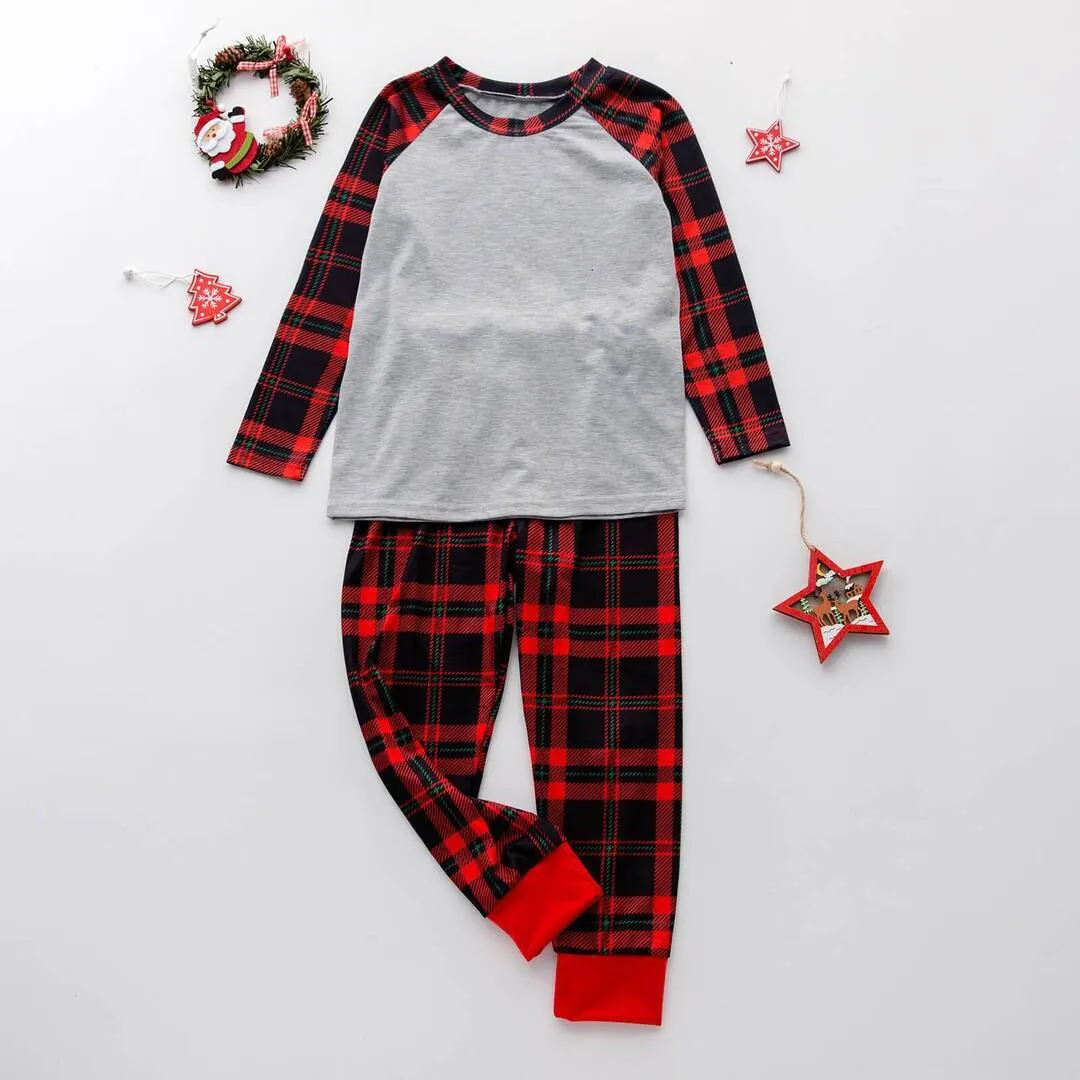 Merry Christmas Red&Black Plaid Pattern Raglan Sleeve Grey Top With Pants Matching Pajamas