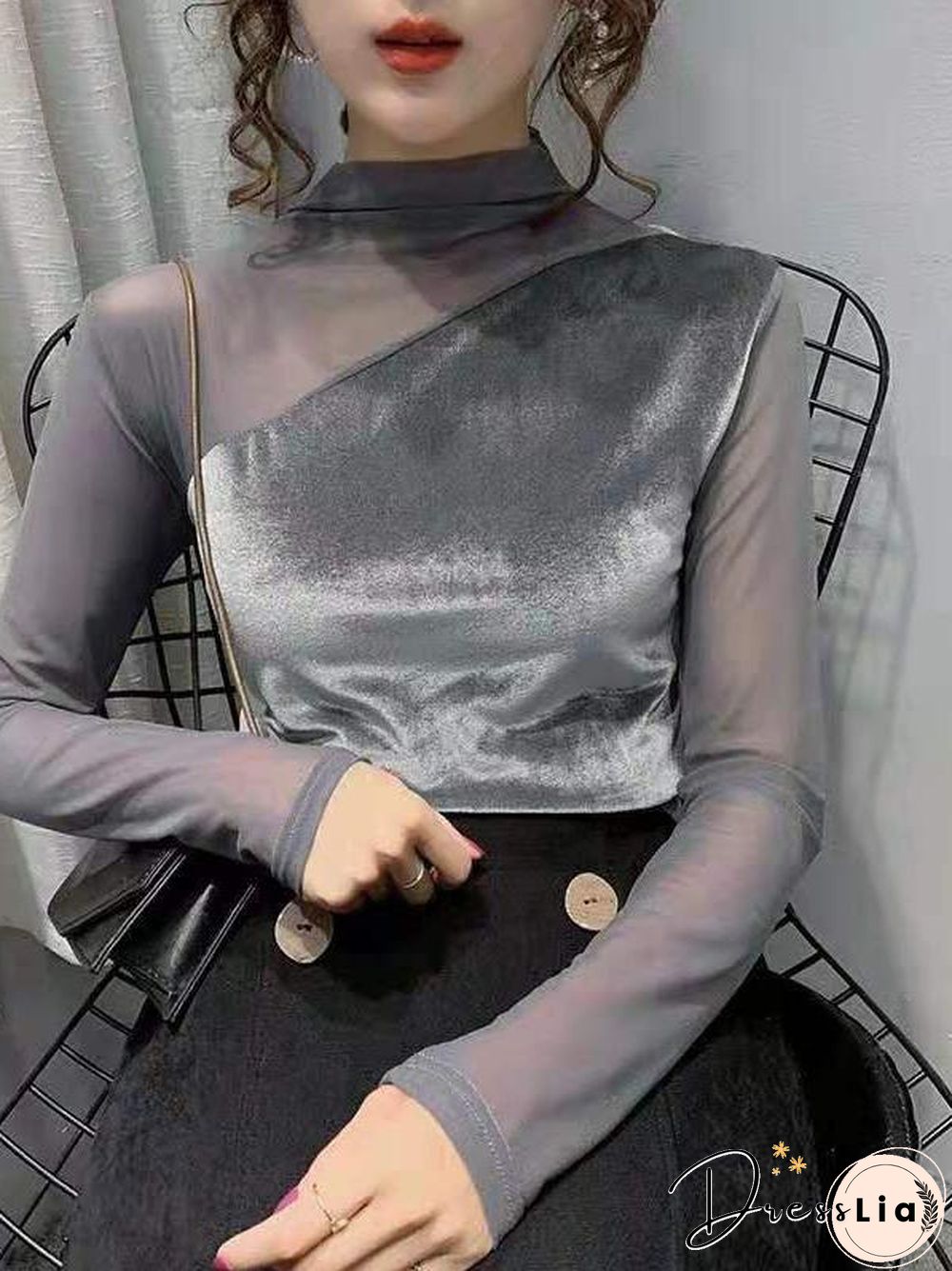 Sexy Mesh Joint Velvet Shirt
