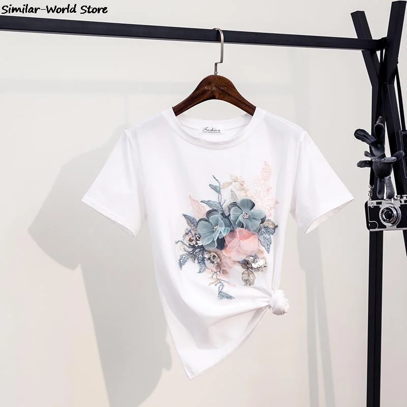Summer Embroidery Beading Flower Tshirts Women O Neck Short Sleeve Girl Tops T-shirts Women Floral Tee Shirt