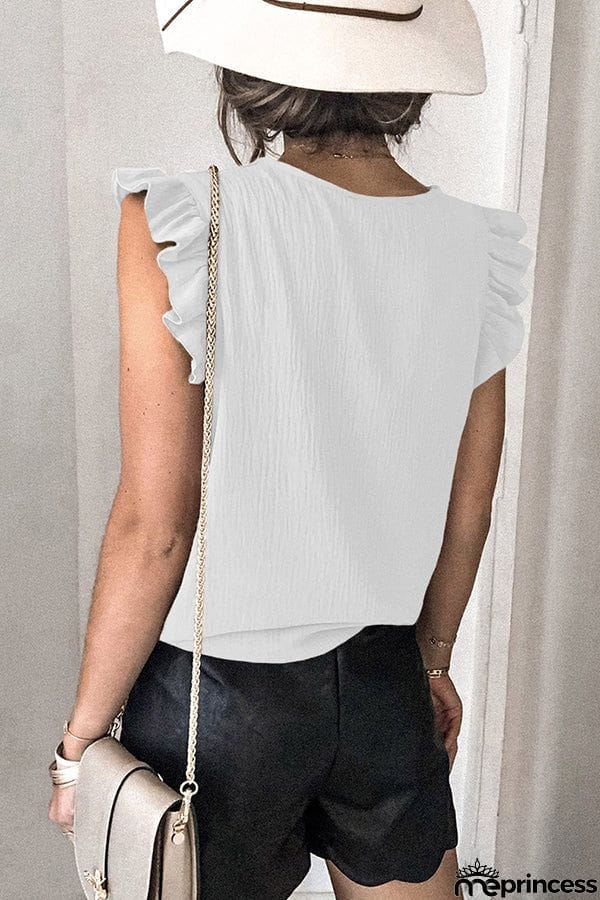 Casual T-shirt Solid V-neck Pullover Ruffle Sleeve Top