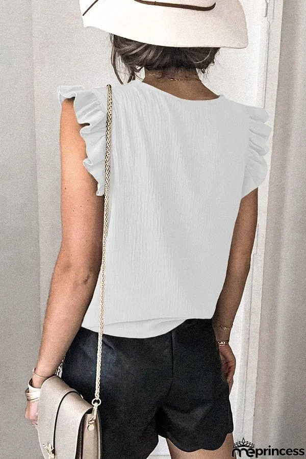 Casual T-shirt Solid V-neck Pullover Ruffle Sleeve Top