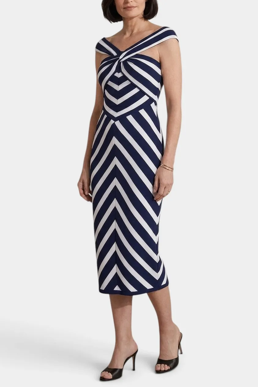 Off-Shoulder Striped Midi Dress with Knot Detail