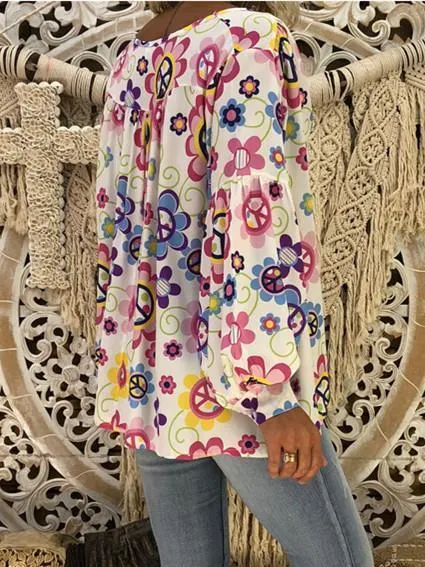 Women Loose Slim V-neck Print Puff Sleeve Long Sleeve T-shirt Tops