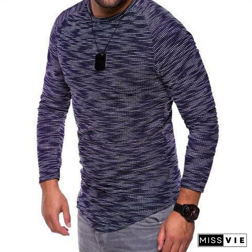 Fashion Slim Casual Long Sleeve T Shirt Mens Autumn Fit Elastic Striped O-Neck Pullover Sexy Tshirt