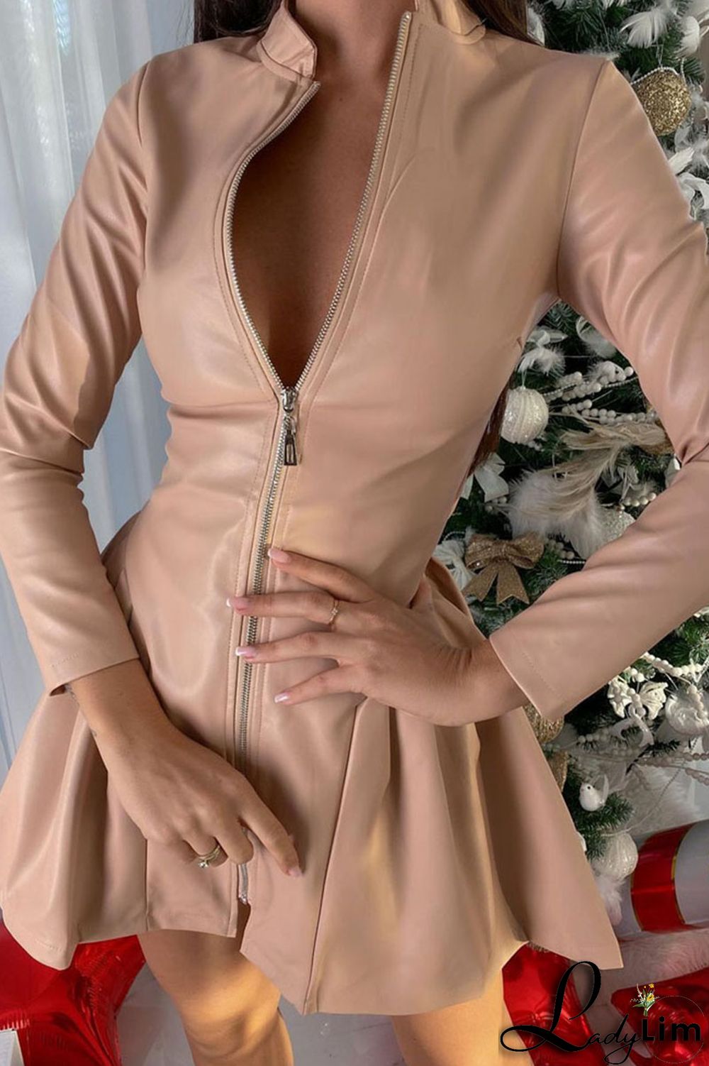 Apricot Casual Solid Split Joint Fold Zipper Zipper Collar A Line Dresses
