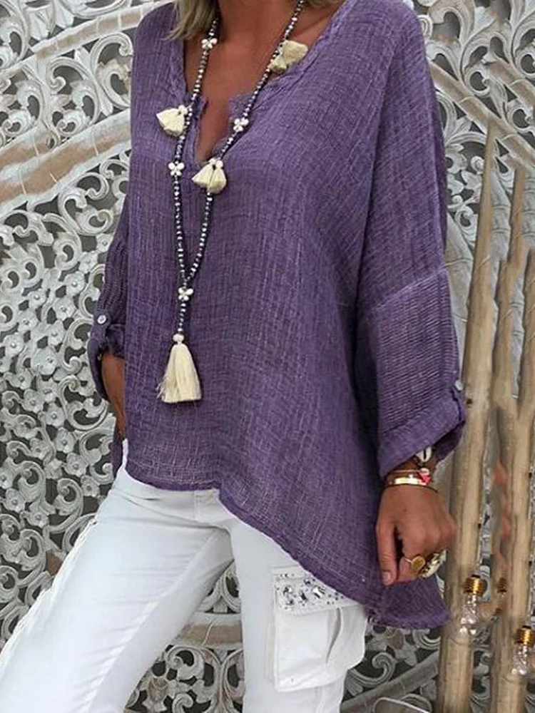 Solid Casual Long Sleeve V Neck Blouse