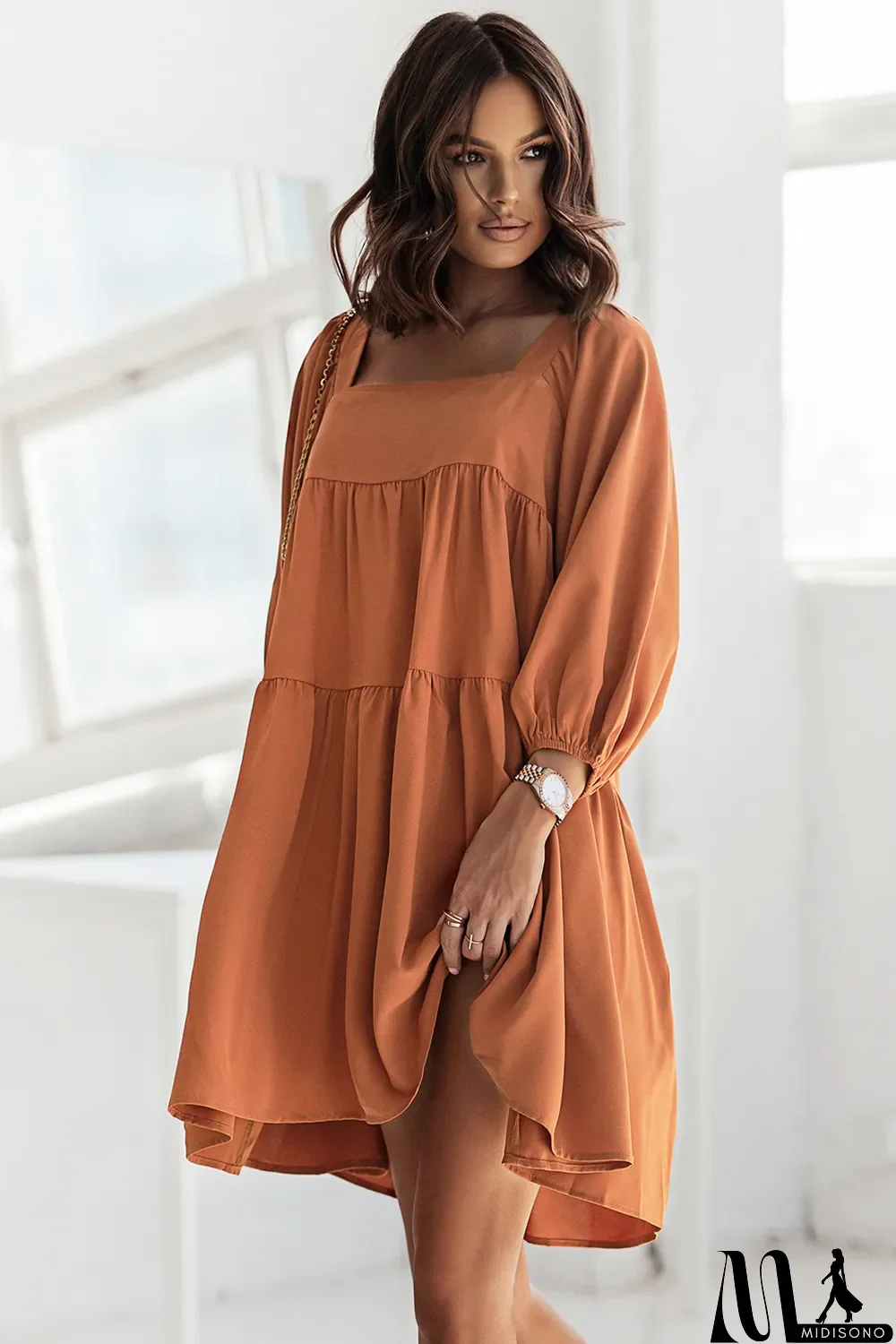 MidiSono - Brown Square Neck Half Sleeve High Low Mini Dress