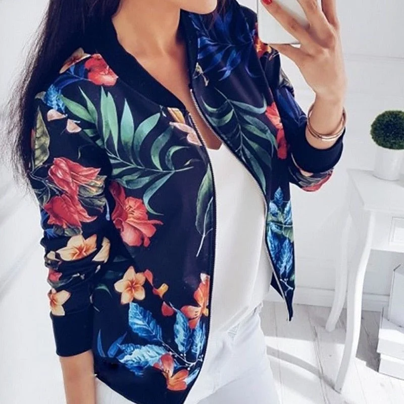 Women Floral Jackets 2019 Autumn Street Style Zipper Print Bomber Jacket Casual Pocket Slim Female Outwears Plus Size