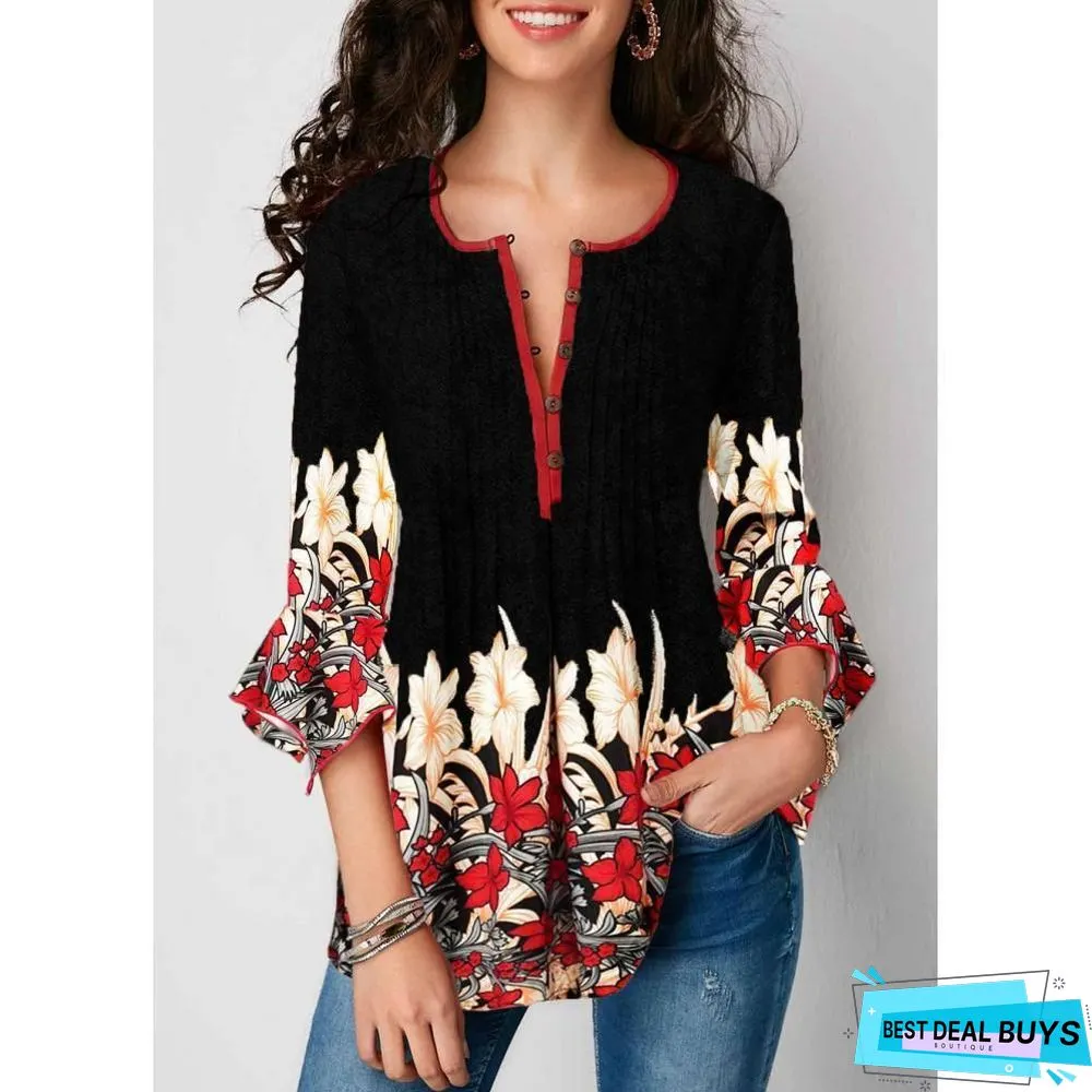 Women Plus Size Three Quarter Sleeve Floral Print Causal Loose Tunic Blouse Shirts