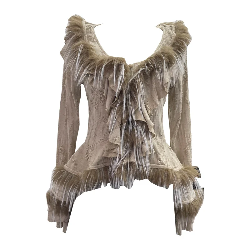 Uveng Real Shooting Waste Soil Wind Irregular Wood Ear Trumin Knitting To Make Old Hole Splicing Hairy Blouse Hottie Cardigan 2987