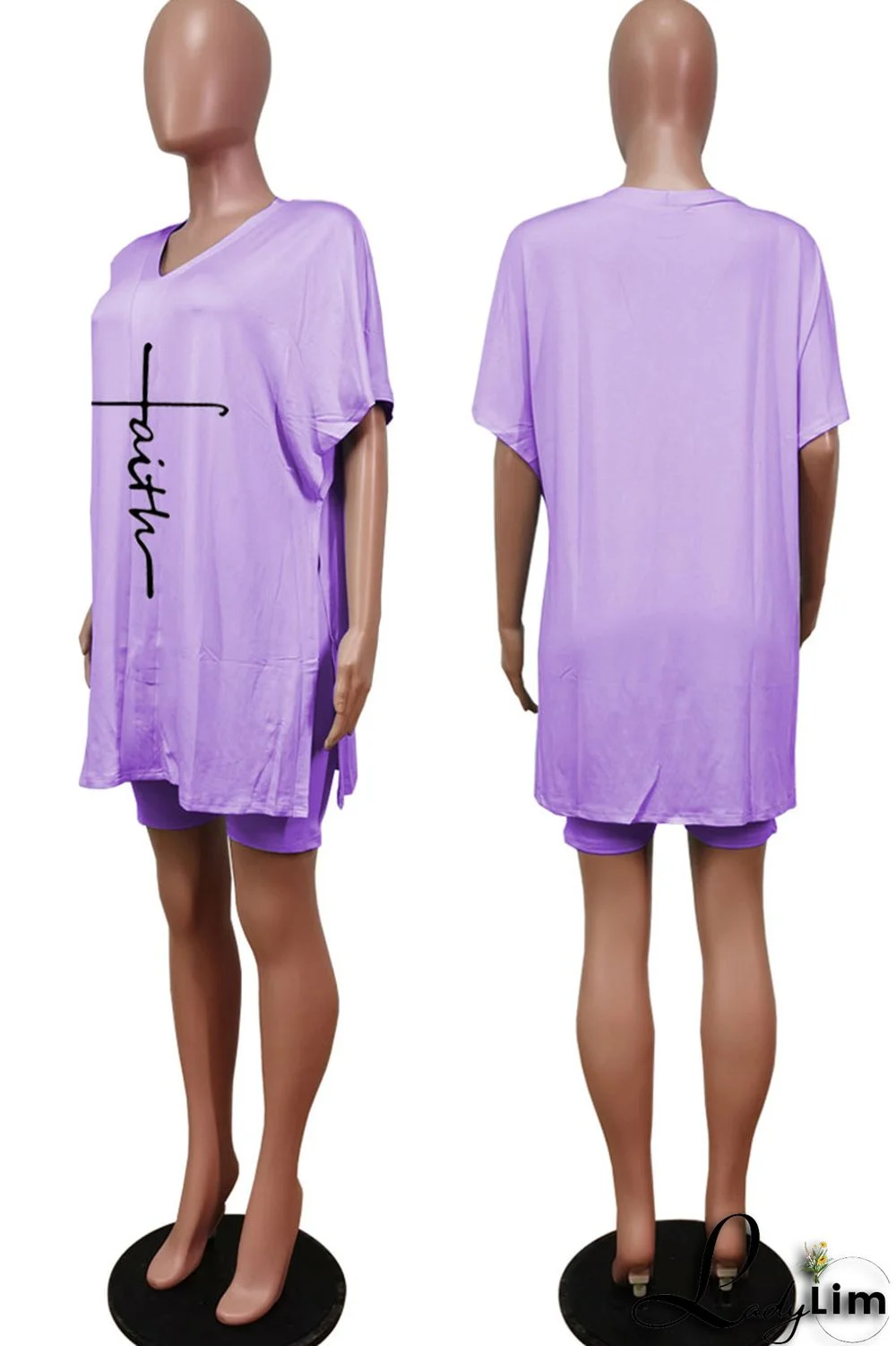 Tangerine Red Casual Print Split Joint V Neck Short Sleeve Two Pieces