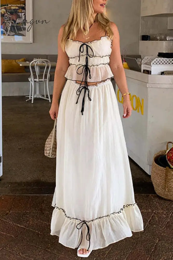 Sweet Elegant Solid Fold With Bow U Neck Sleeveless Two Pieces Apricot / S Pieces/Two-Piece Dress