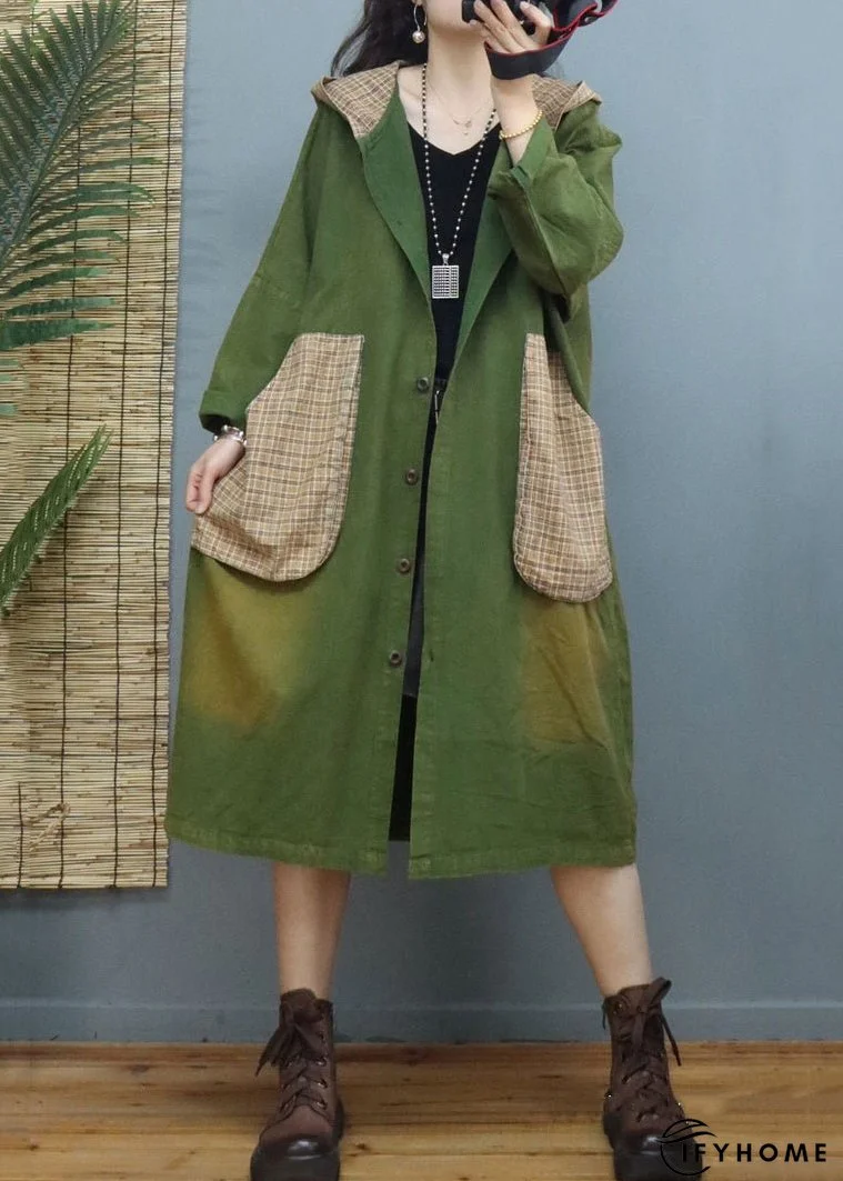 Plus Size Green Plaid Pockets Patchwork Cotton Coats Fall | IFYHOME