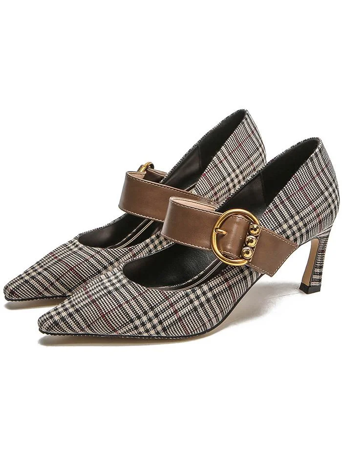 Shallow pointed toe stiletto heels with metal buckle plaid high heels