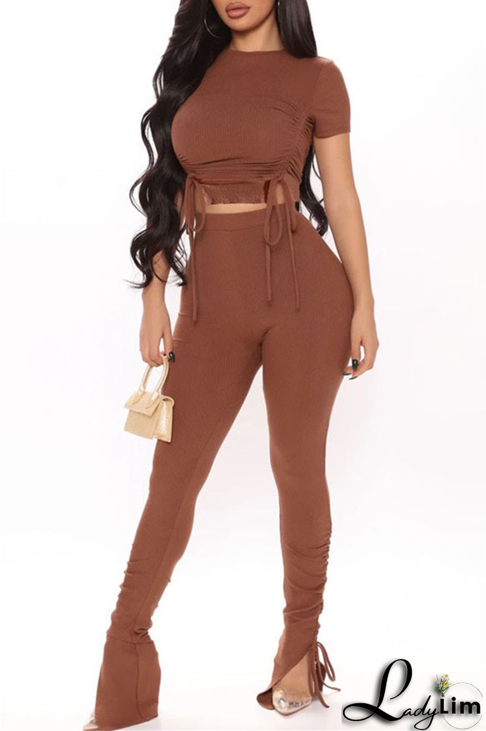 Khaki Fashion Casual Solid Draw String Frenulum O Neck Short Sleeve Two Pieces