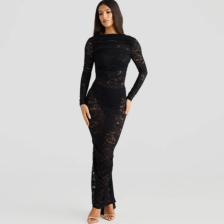 Long Sleeve Backless Lace See-through Slim-fit Dress